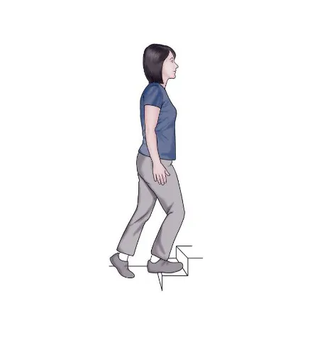 A graphic of a woman walking up stairs